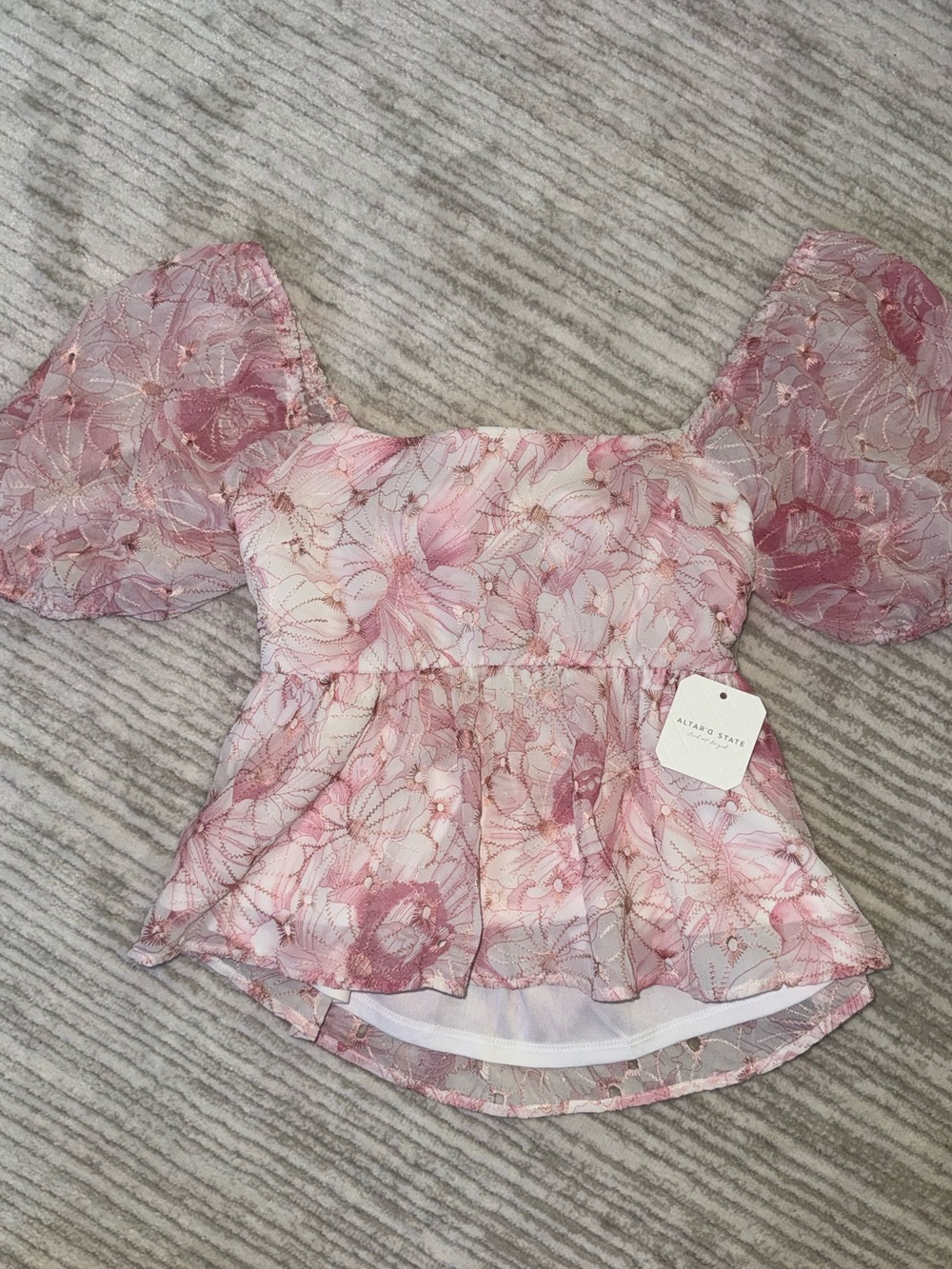 Altar'd State Pink Floral Puff-Sleeve Peplum Top